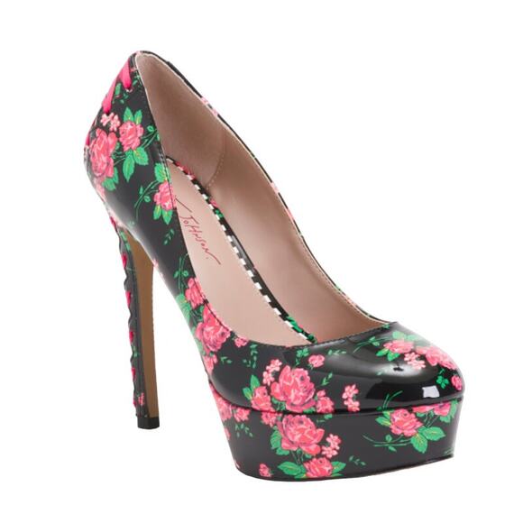 Betsey Johnson Black and Pink Floral Heels - Picture 1 of 14
